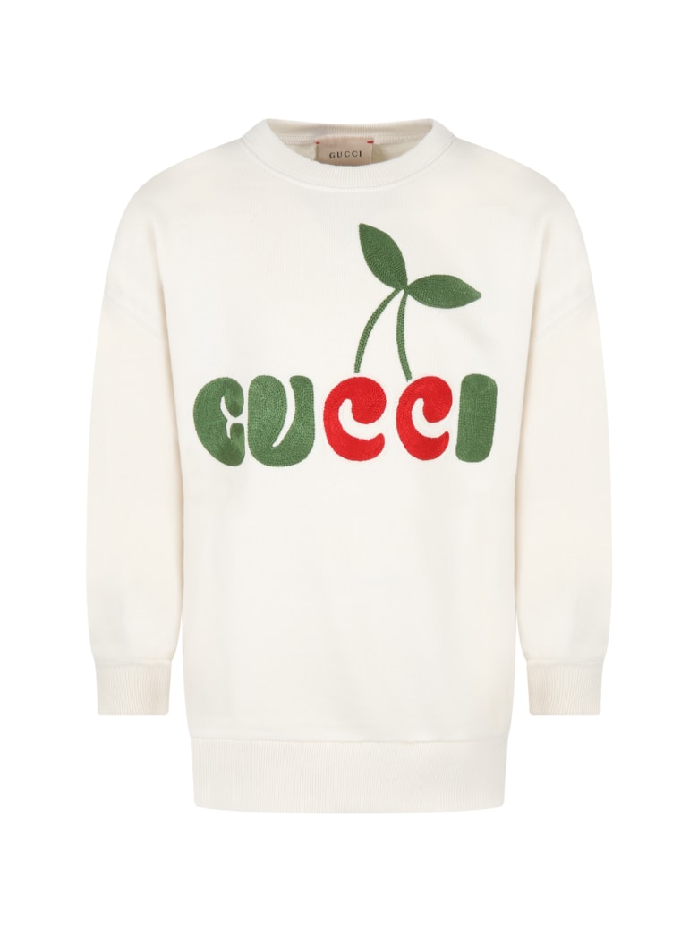 Gucci Ivory Sweatshirt For Kids With Gucci Cherry Print - Ivory