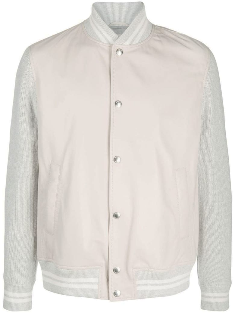Brunello Cucinelli Grey Leather And Cotton Bomber Jacket - Beige