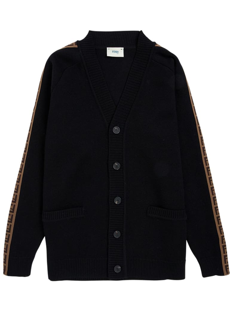 Fendi Wool Cardigan With Ff Side Bands - Black