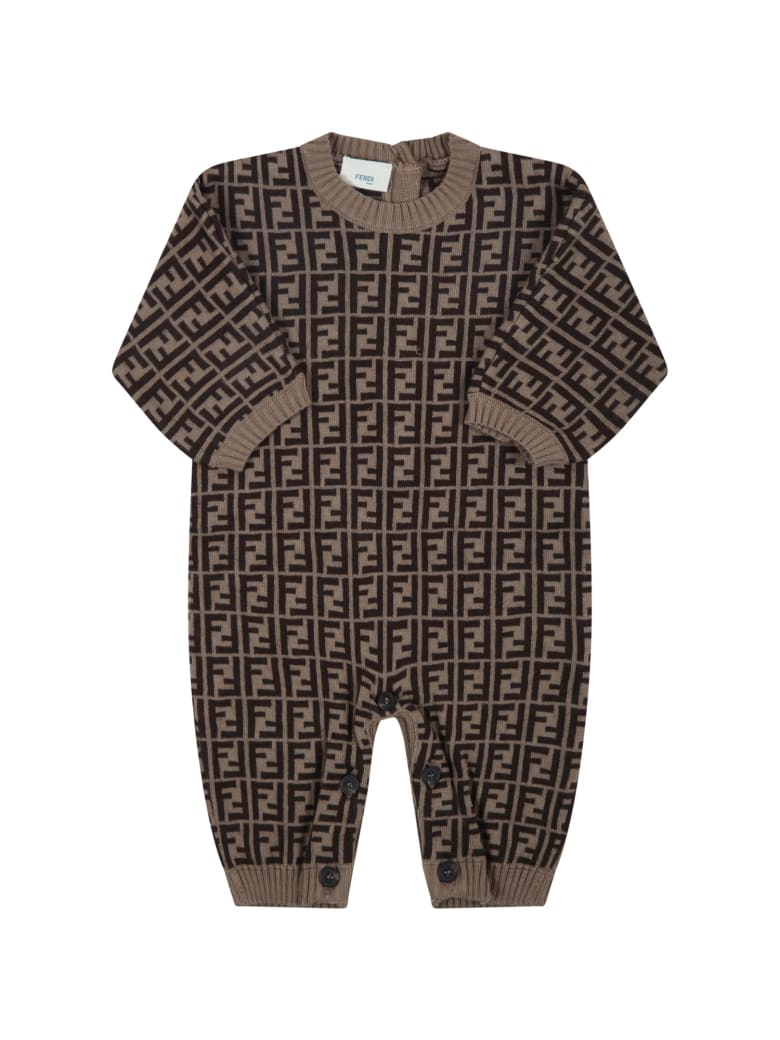 Fendi Beige Jumpsuit For Babykids With Double Ff - Brown