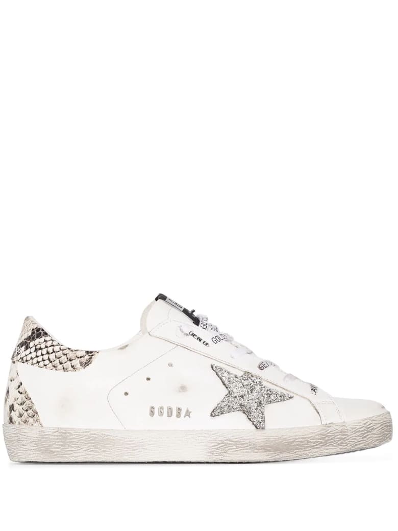Golden Goose Woman White Super-star Sneakers With Python Spoiler And Silver Glitter Star
