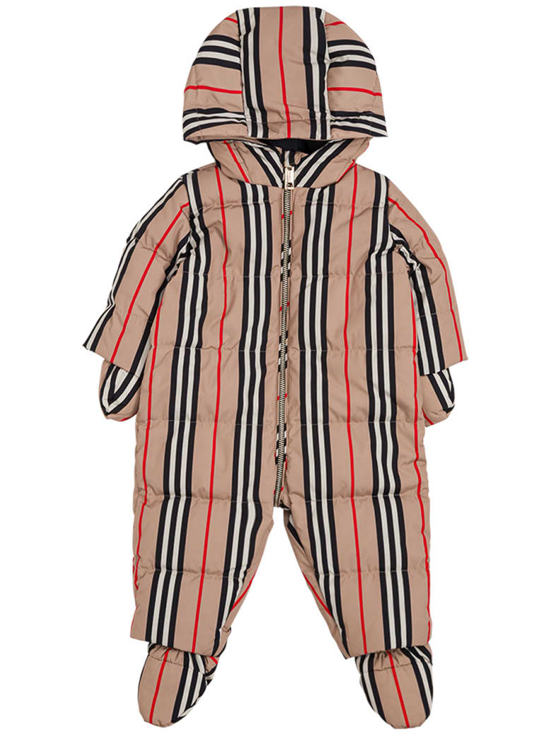 Burberry Icon Stripe Nylon Onesie With Hood - Beige