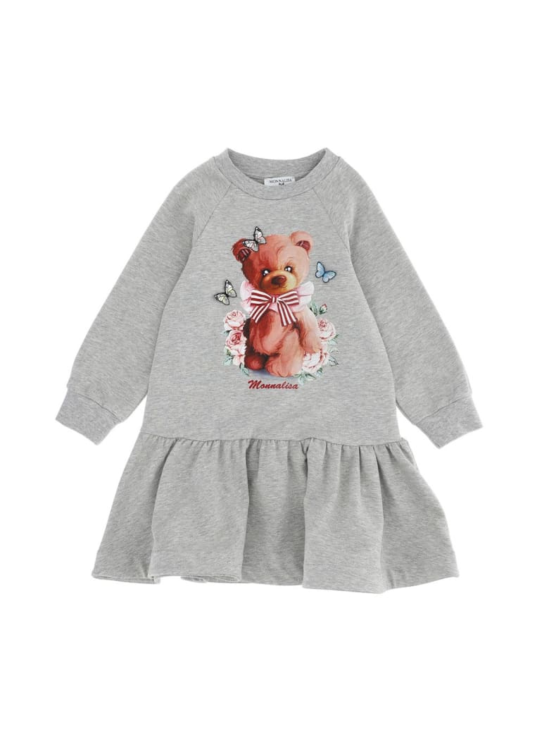 Monnalisa Dress With Long Sleeves And Front Logo - Grey