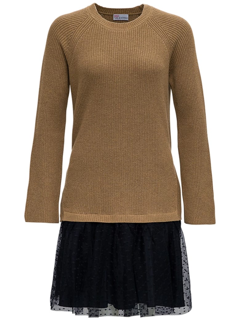 RED Valentino Wool And Point D'esprit Tulle Dress - Beige