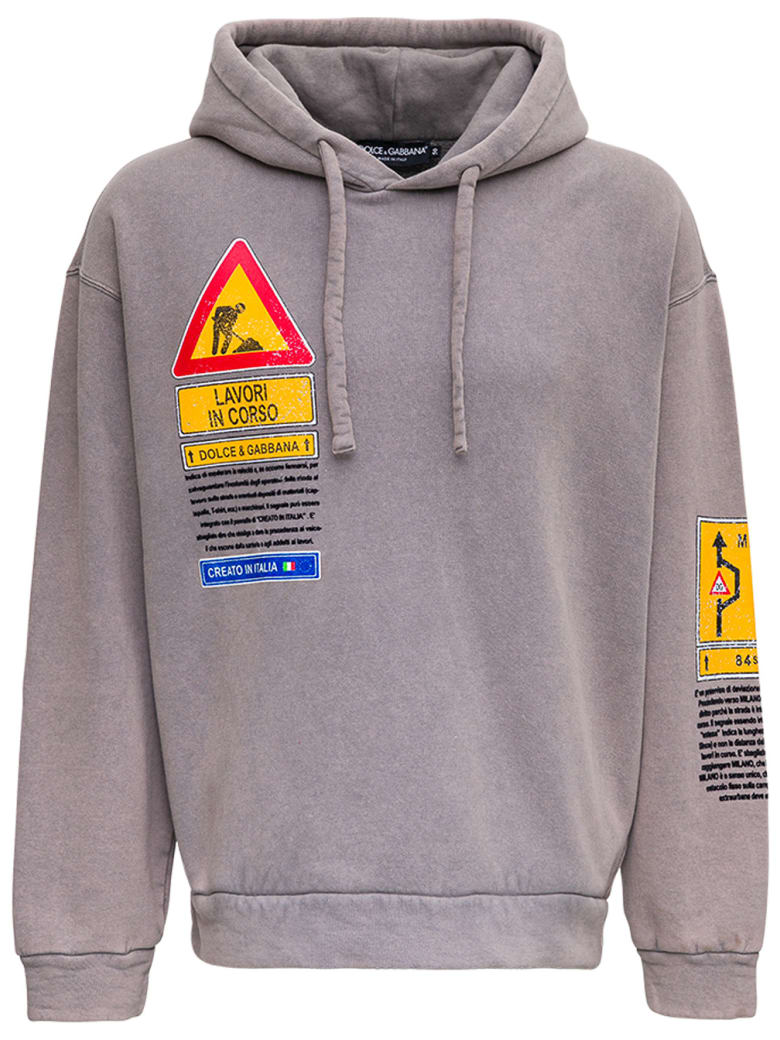 Dolce & Gabbana Washed Effect Jersey Hoodie With Prints - Grey