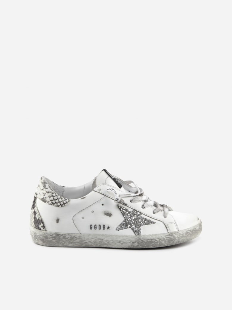 Golden Goose Superstar Sneakers In Leather With Python-effect Heel Tab - White