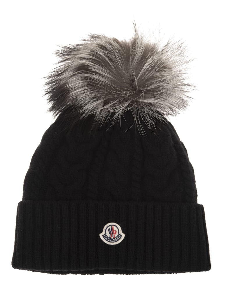 Moncler Woman Black Braided Beanie With Fox Pompon