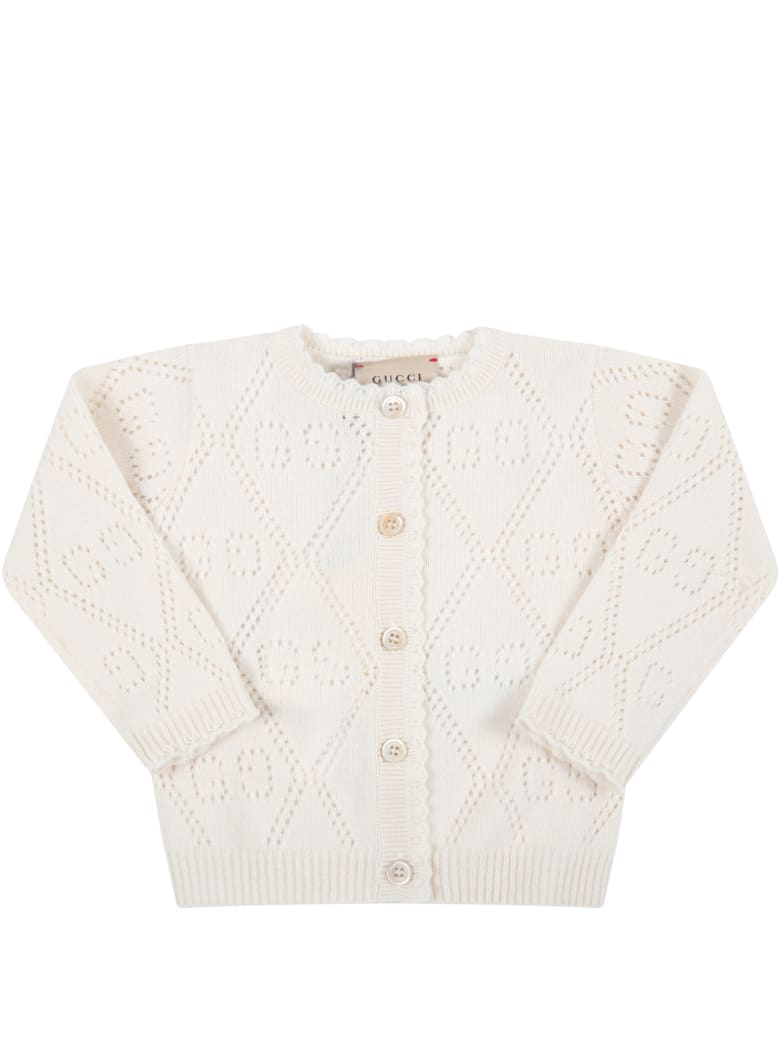 Gucci Ivory Cardigan For Baby Girl With Double Gg - Ivory