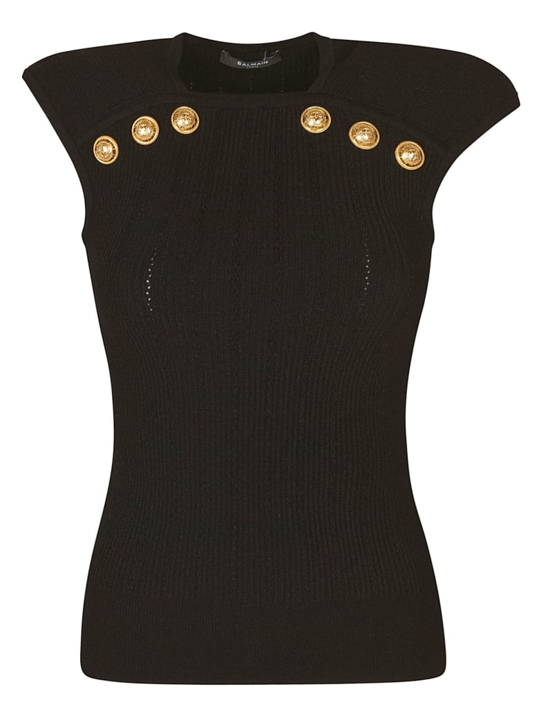 Balmain Button Embellished Sleeveless Knit Top - Black