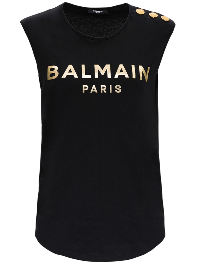 Balmain Cotton Tank Top With Gold Colored Logo Print - Black