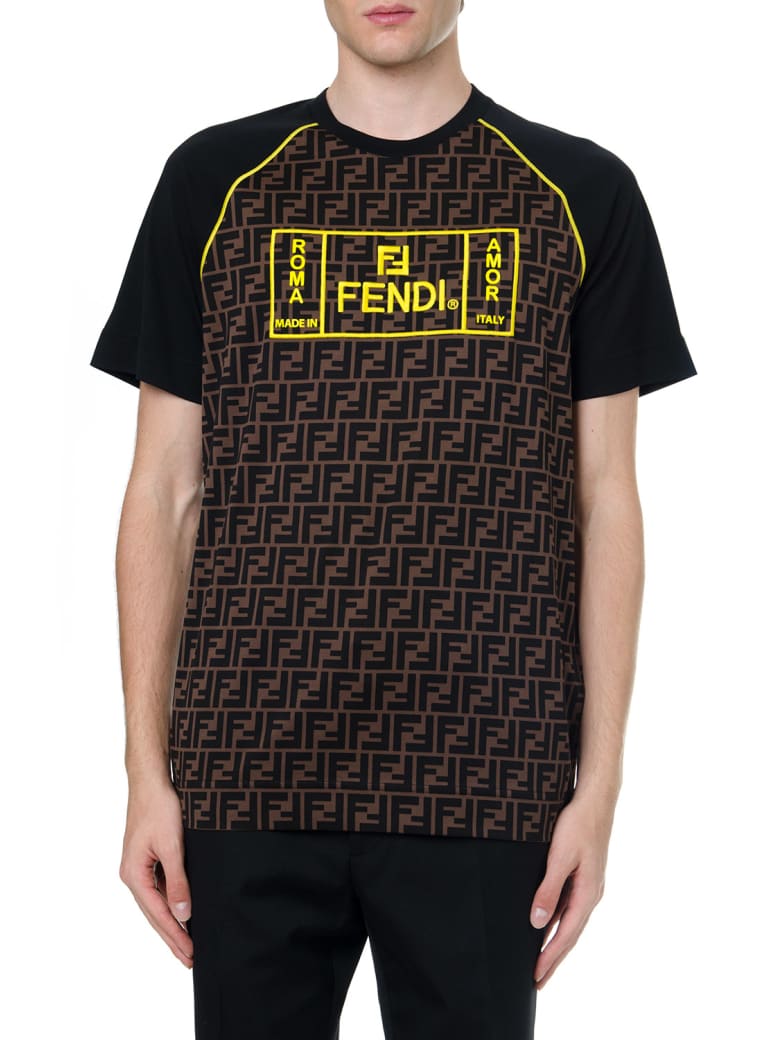 Fendi Brown Cotton T Shirt With Yellow Logo | italist