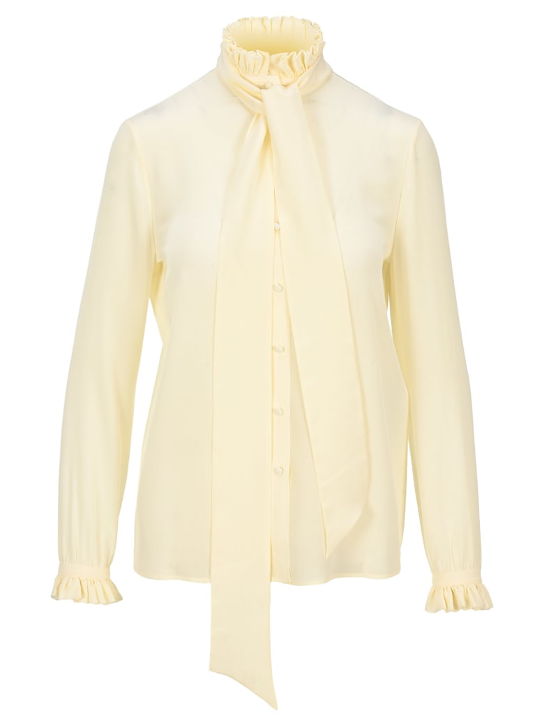 Saint Laurent Pleated Collar Pussy-bow Blouse - Blanc Casse