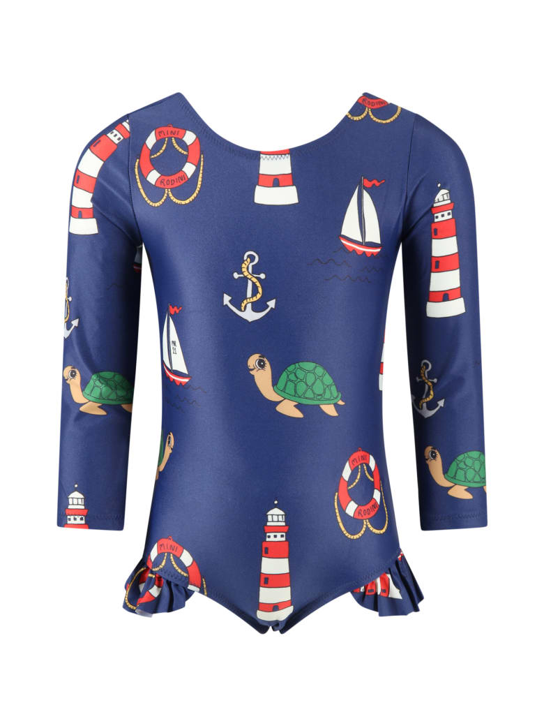 Mini Rodini Blue Swimsuit Foor Girl With Turtles - Blue