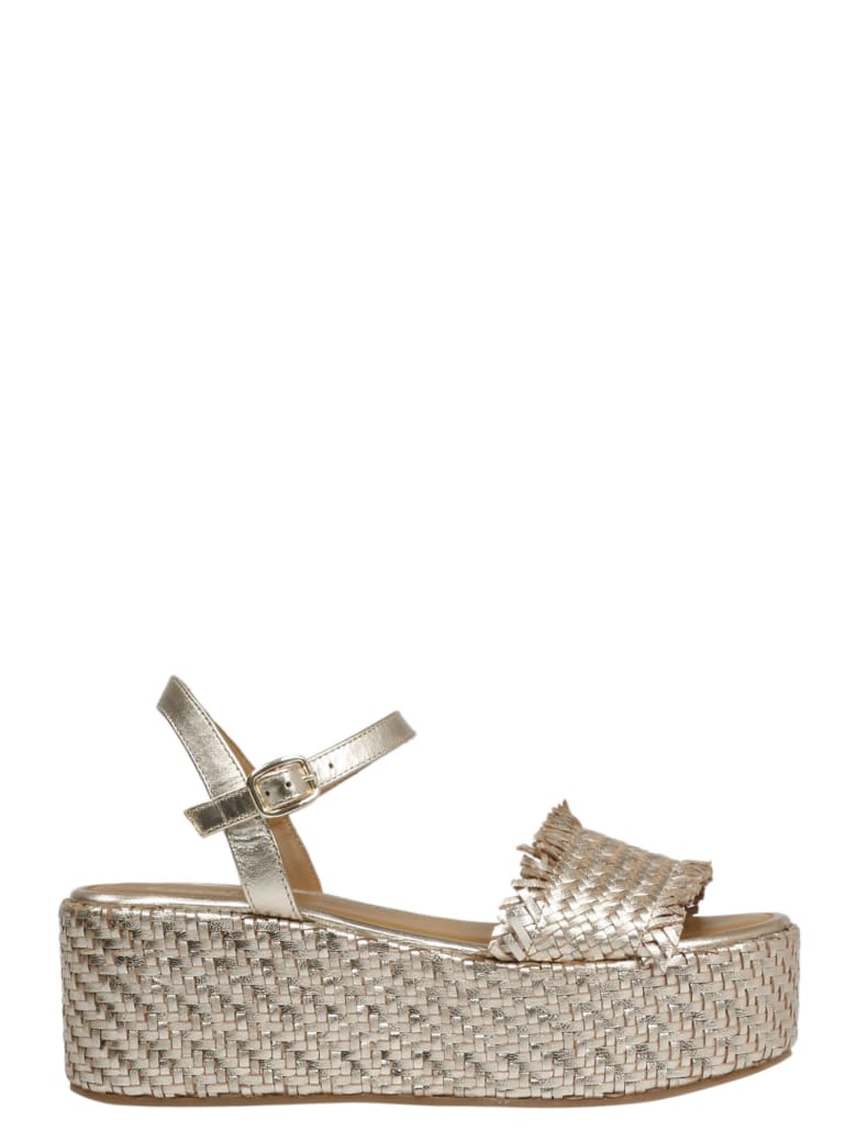 Coral Blue Woven Leather Wedge Sandals - Metallic