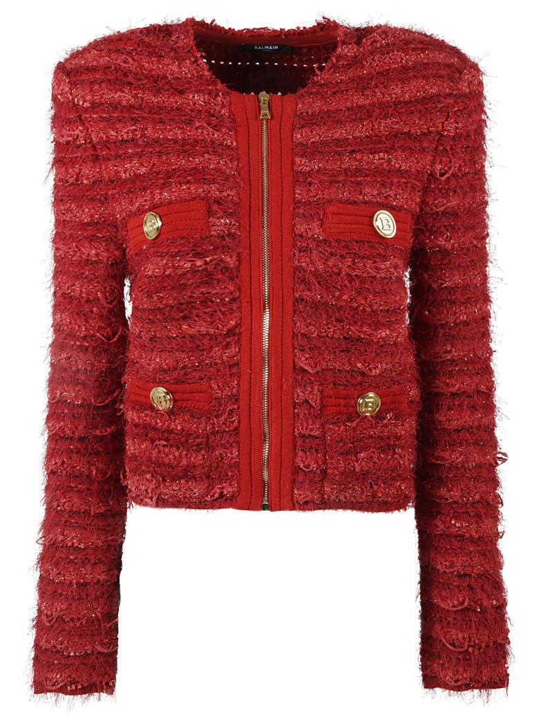 Balmain Tweed Zip Jacket - Red