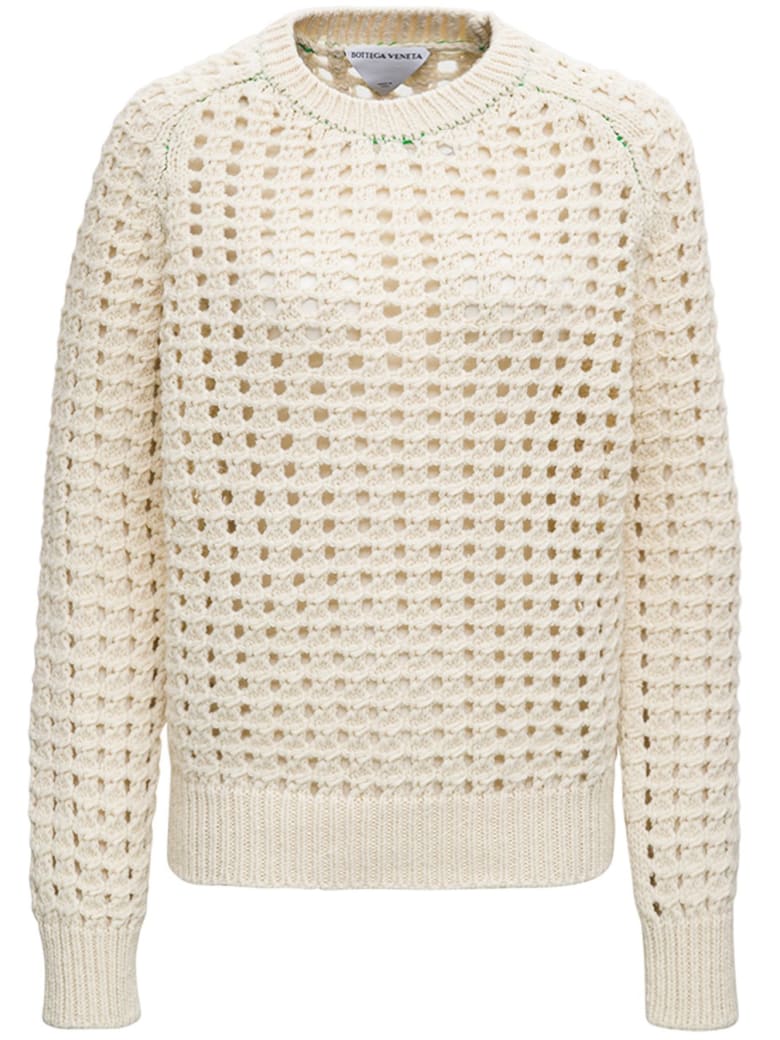 Bottega Veneta Open Mesh Sweater In Ivory Colored Wool - White