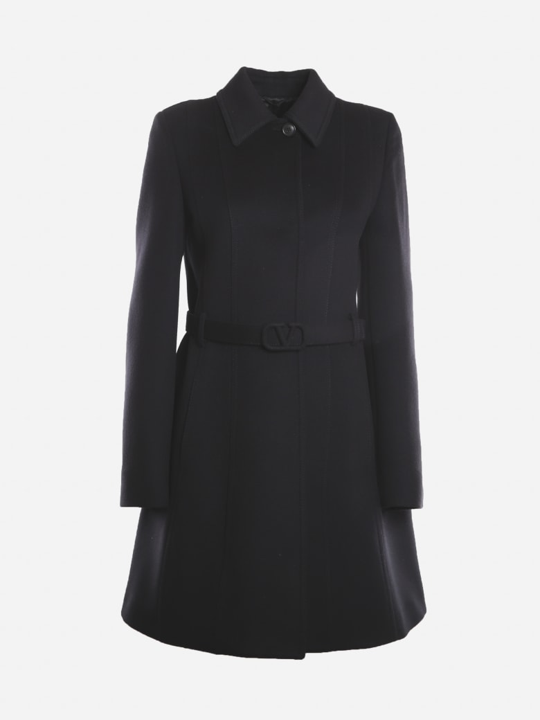 Valentino Wool And Cashmere Coat With Vlogo Signature Belt - Black