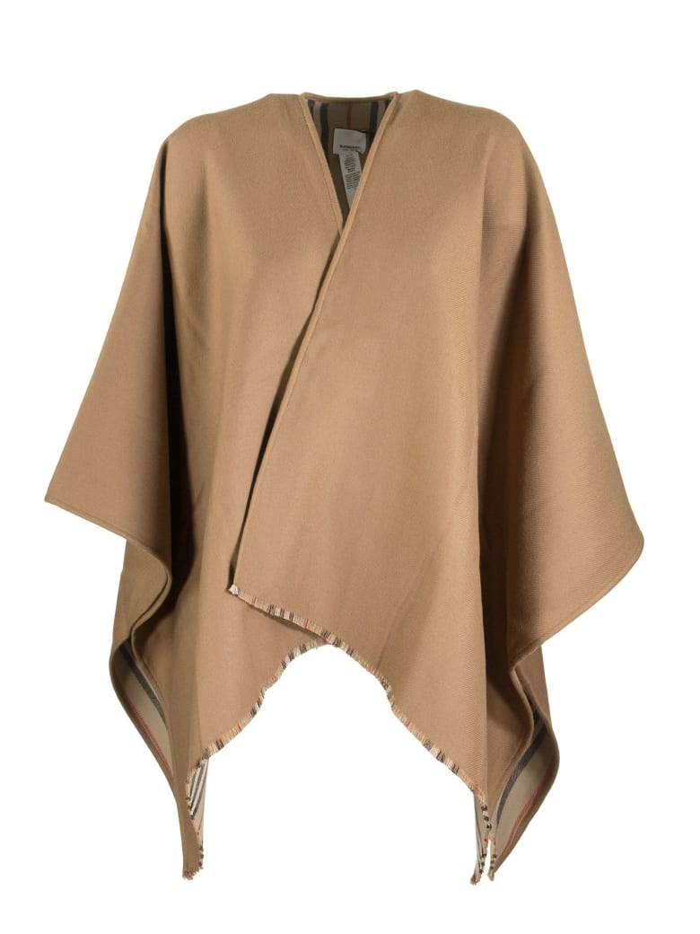 Burberry Icon Stripe Detail Wool Cape - Archive Beige