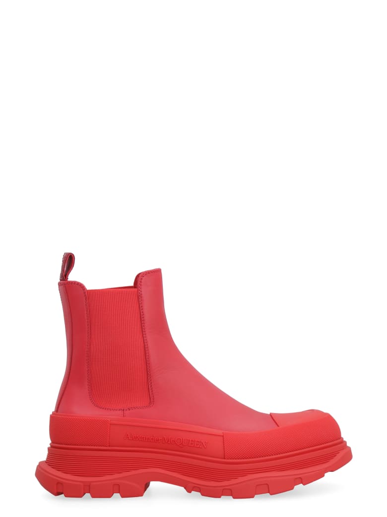 Alexander McQueen Tread Slick Leather Ankle Boots - red