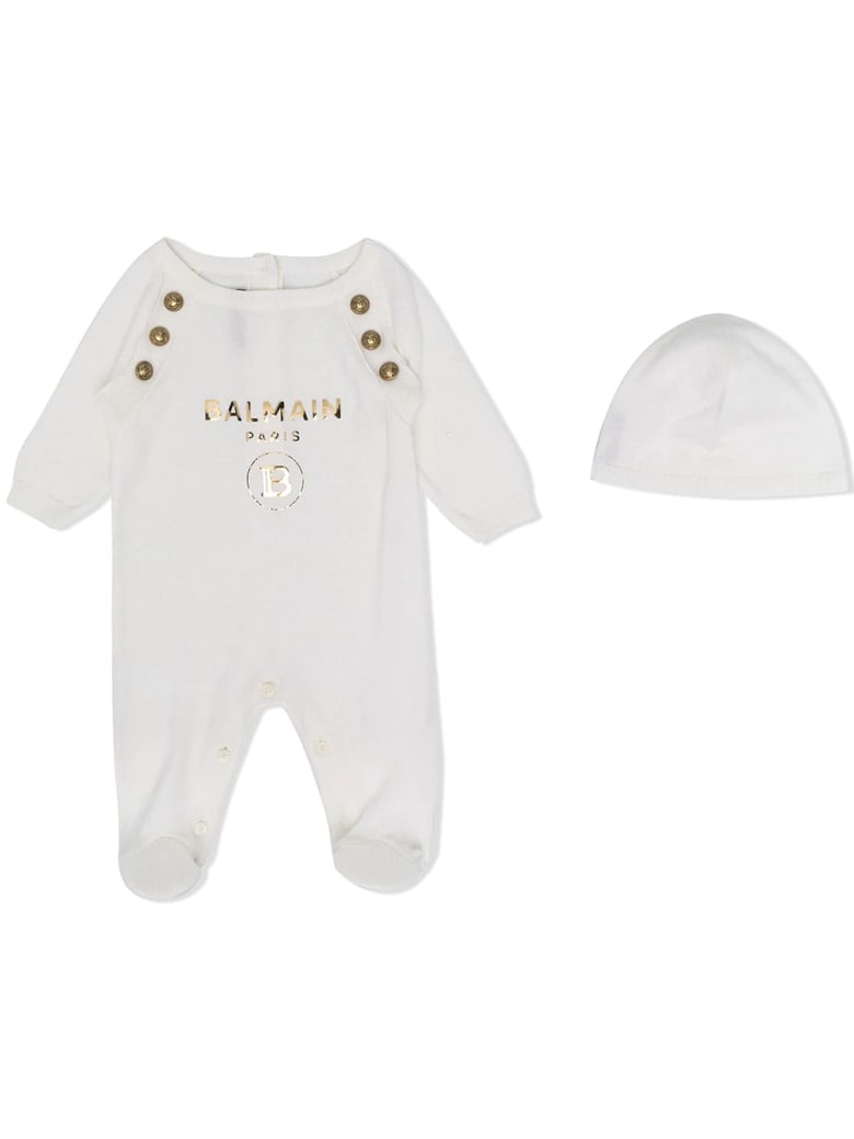 Balmain Newborn White Romper With Cap And Golden Logo