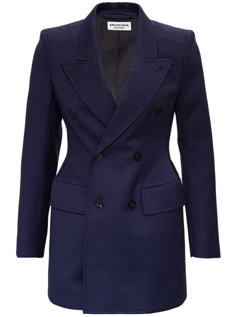 Balenciaga Double-breasted Blue Check Wool Blazer - Blu