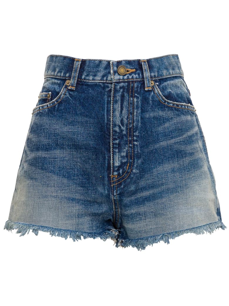 Saint Laurent Slim Fit Shorts With Fringed Bottom - Blu
