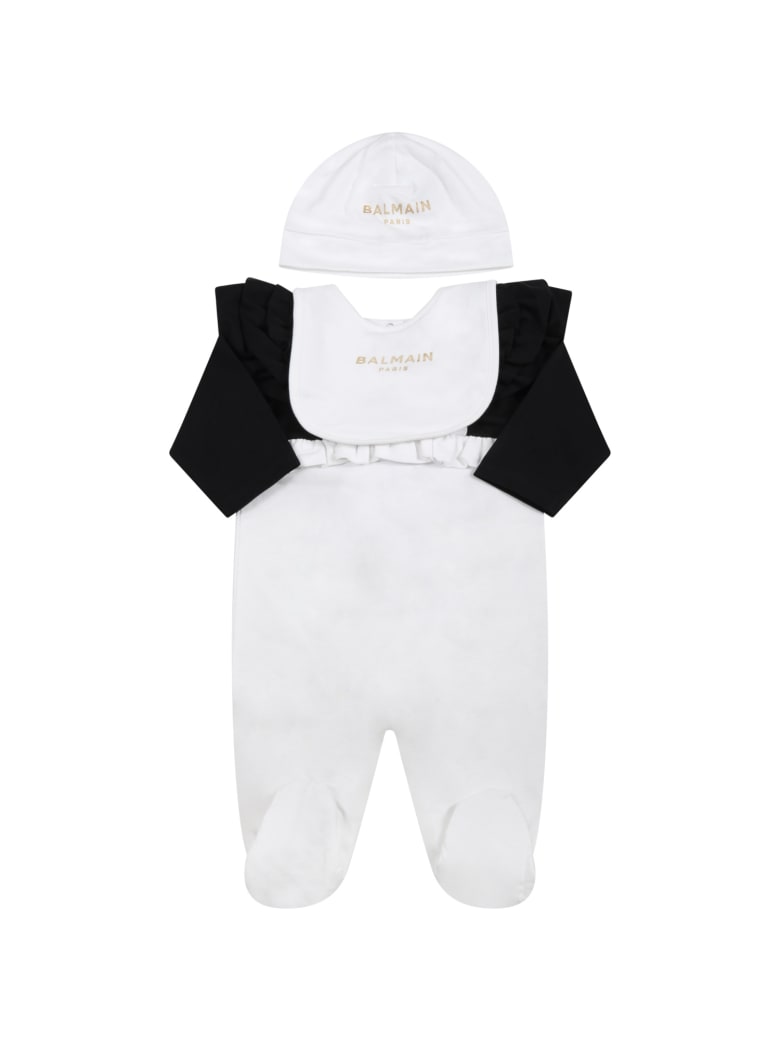 Balmain White Set For Baby Girl With Golden Logo - White