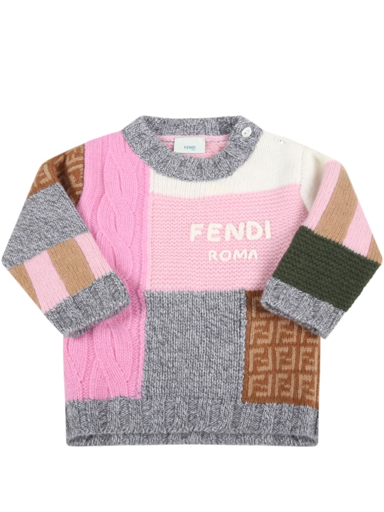 Fendi Multicolor Sweater For Baby Girl With Logo - Multicolor