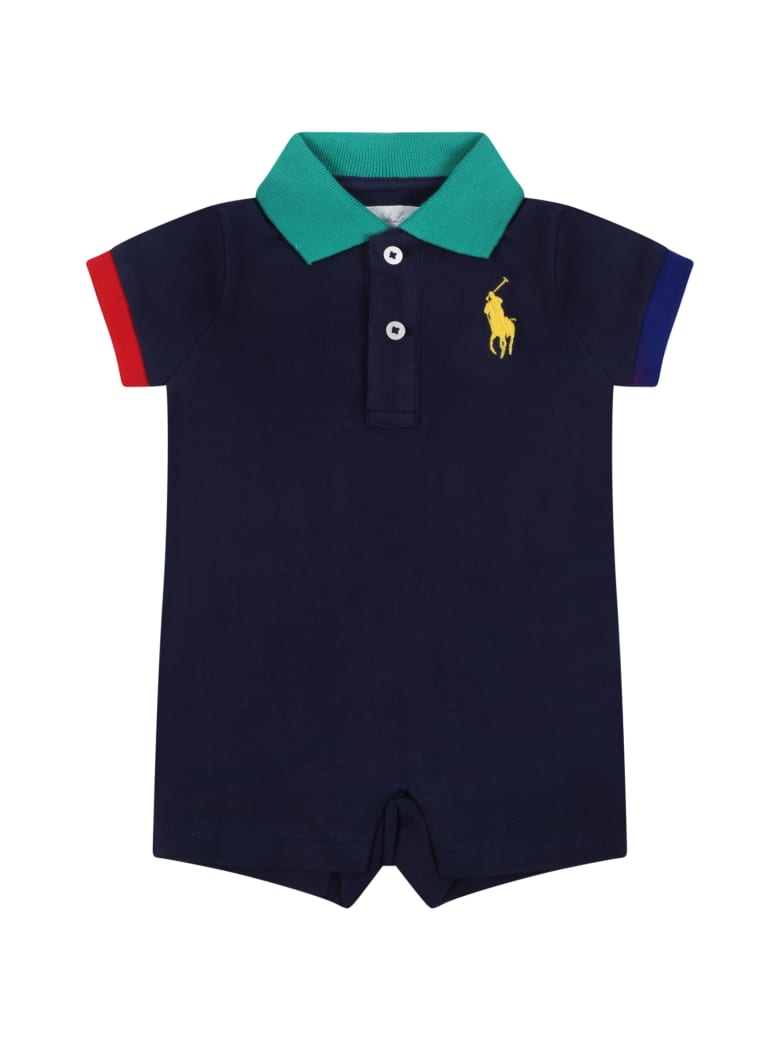 Ralph Lauren Blue Romper For Baby With Pony Logo - Blue