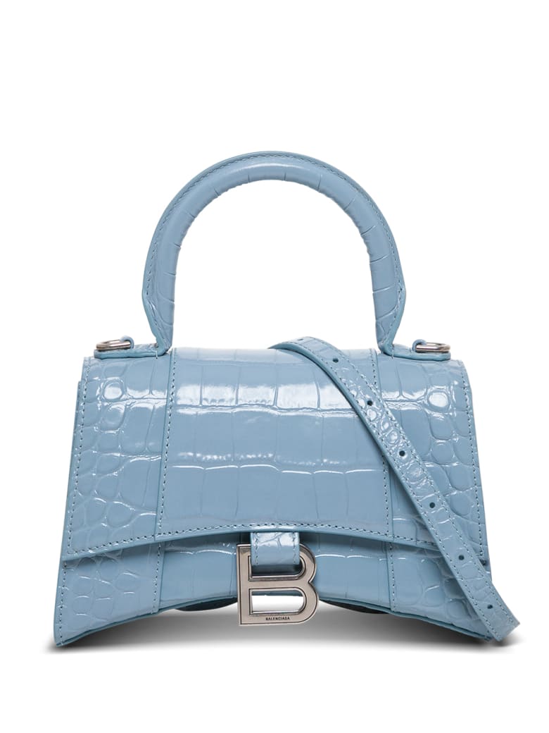 Balenciaga Hourglass Crossbody Bag In Light Blue Crocodile Printed Leather - Light blue