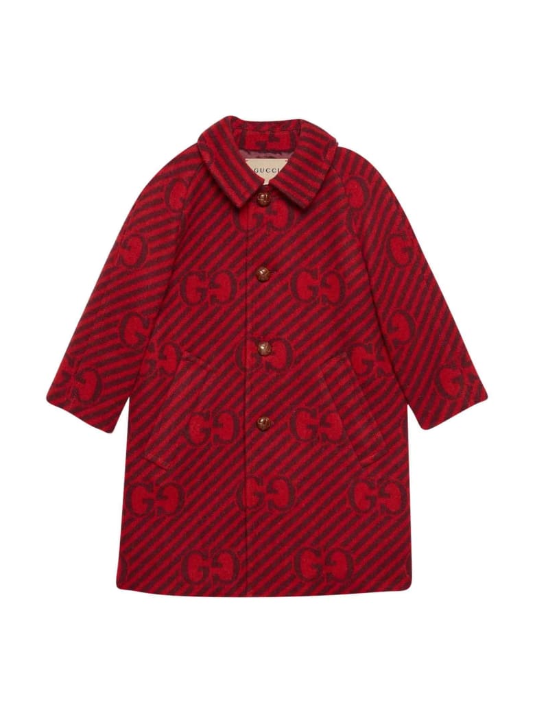 Gucci Red Coat With Logo And Stripes, Long Sleeve, Classic Collar And Frontal Closure - Rosso