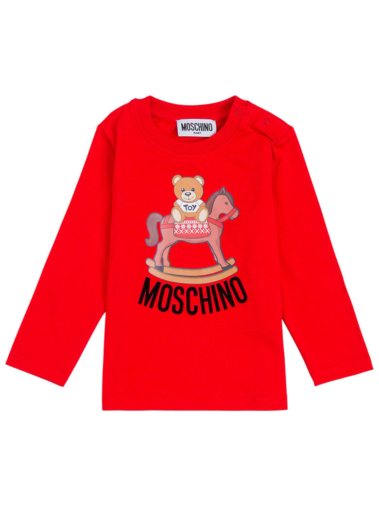 Moschino Long-sleeved Red Cottont-shirt With Teddy Bear Front Print - Red