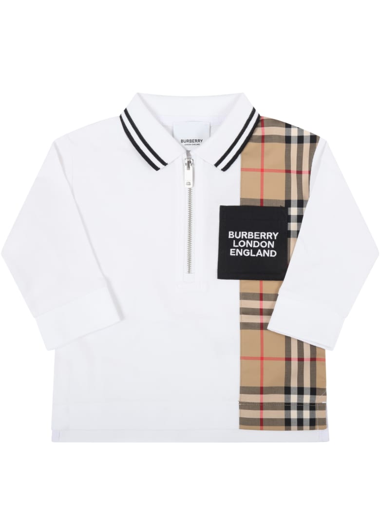 Burberry White Polo For Baby Boy With Logo - White