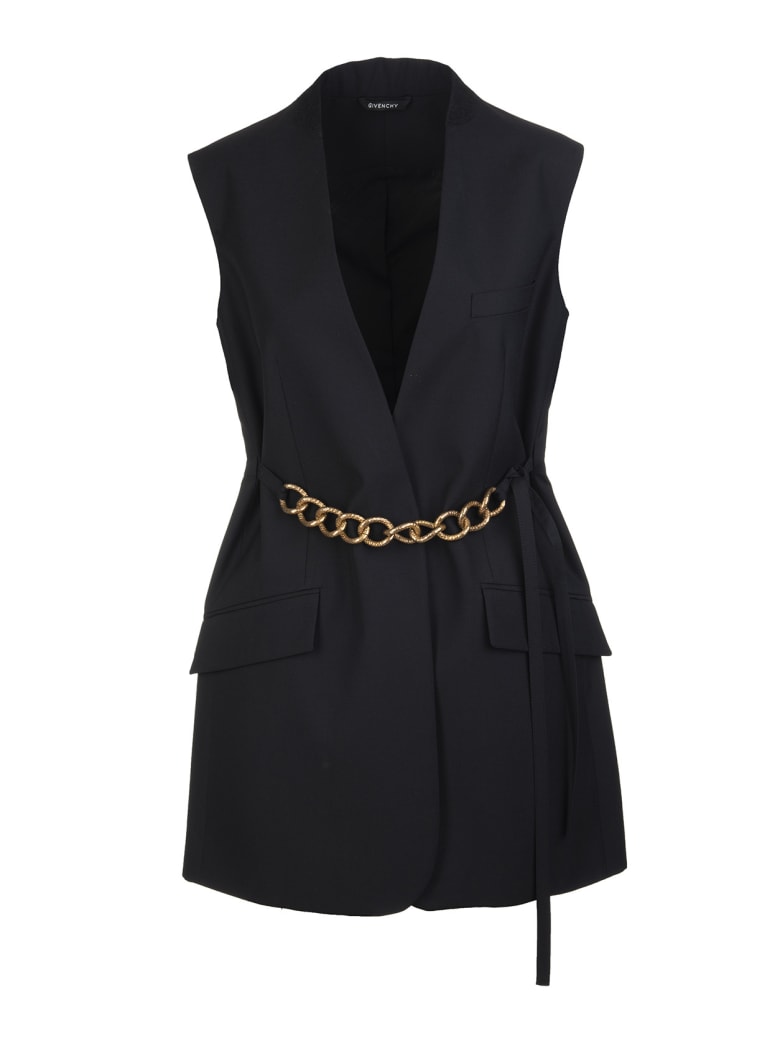 Givenchy Woman Black Lightweight Wool Sleeveless Jacket With Chain