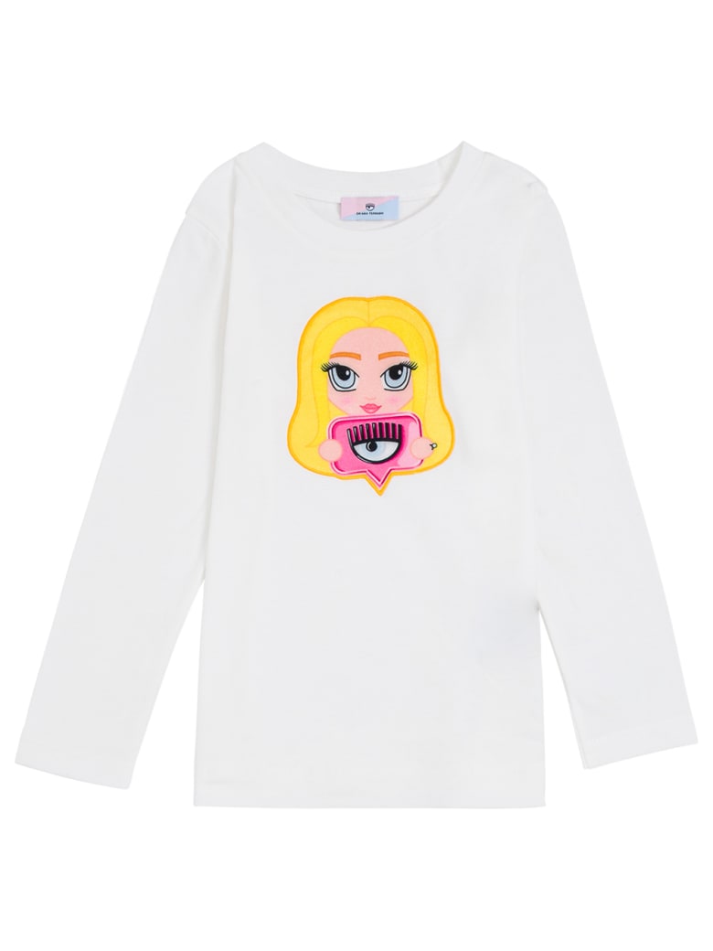 Chiara Ferragni Long-sleeved Cotton T-shirt With Mascot Print - Beige