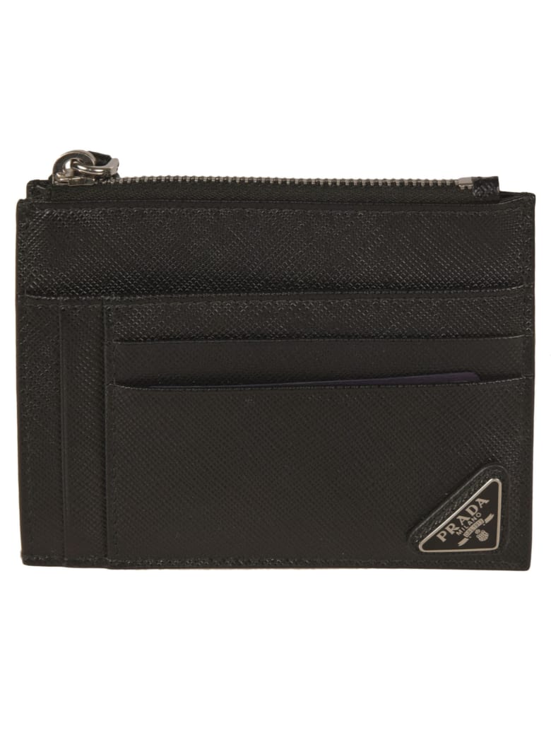 Prada Logo Plaque Zip Card Holder - Black