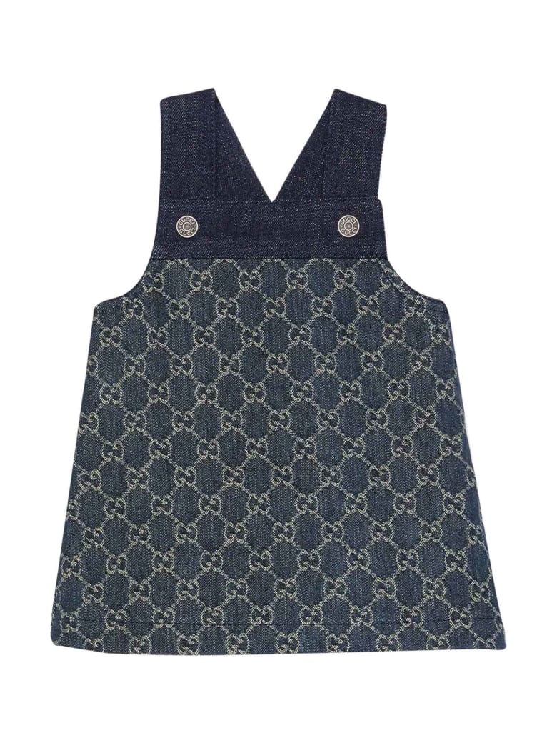 Gucci Blue Denim Dress With Straight Hem, No Sleeves And Logo Application - Blu/avorio