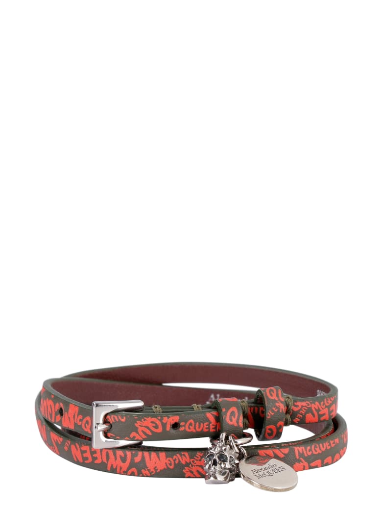 Alexander McQueen Leather Bracelet With Medallion And Skull - khaki