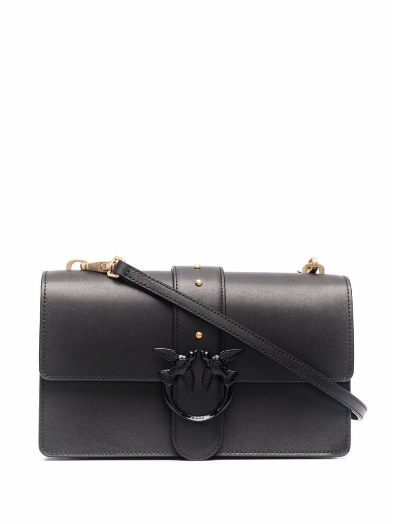 Pinko Black Leather Crossbody Bag With Chain Detail And Logo - Black
