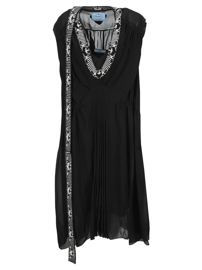 Prada Knit Detail Silk Dress - BLACK