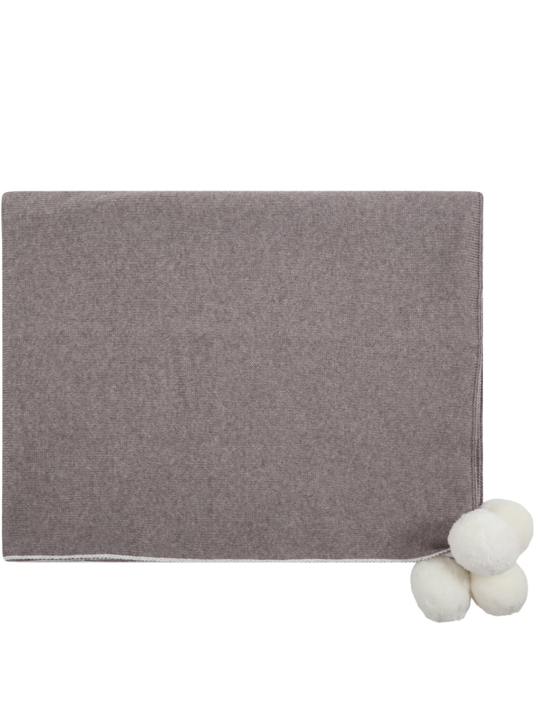 Little Bear Multicolor Blanket For Babykids With Pompoms - Beige