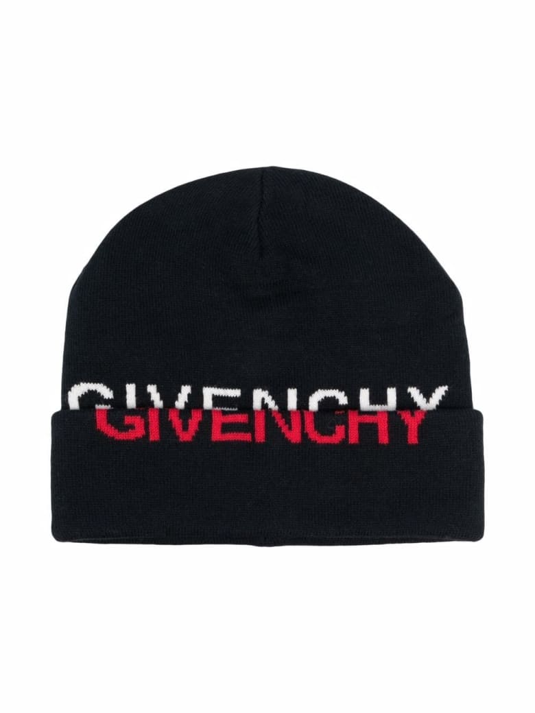 Givenchy Kids Black Beanie With Inlaid Two-tone Logo