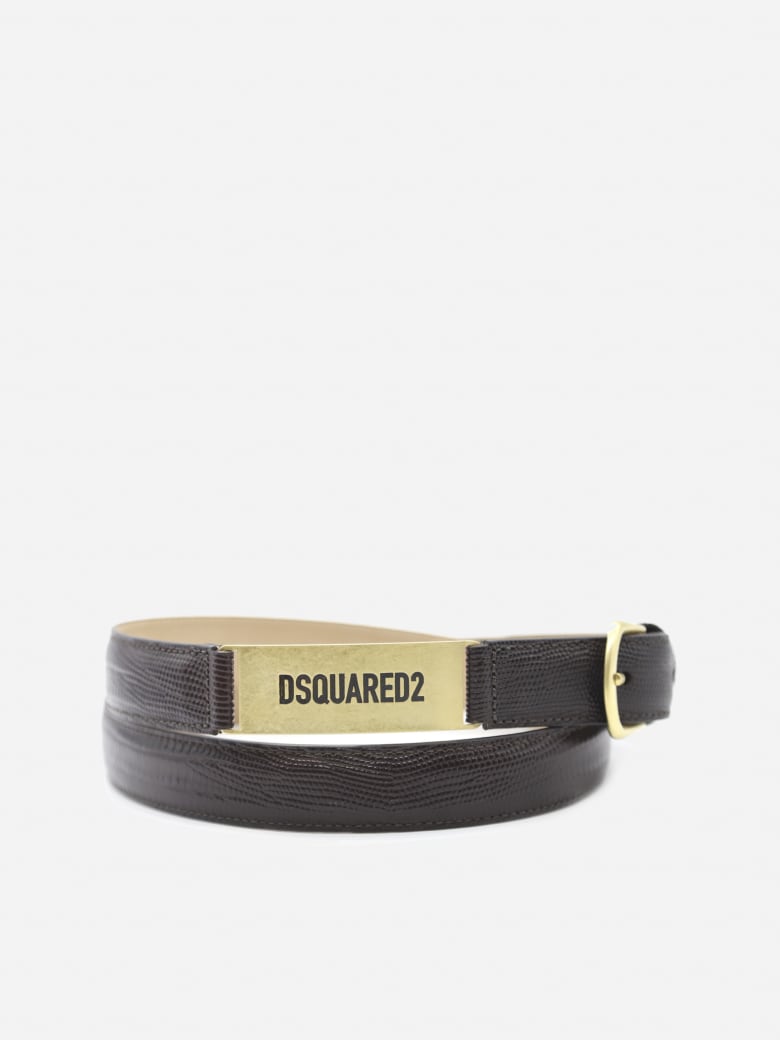 Dsquared2 Embossed Leather Belt With Logo Plate - Dark brown