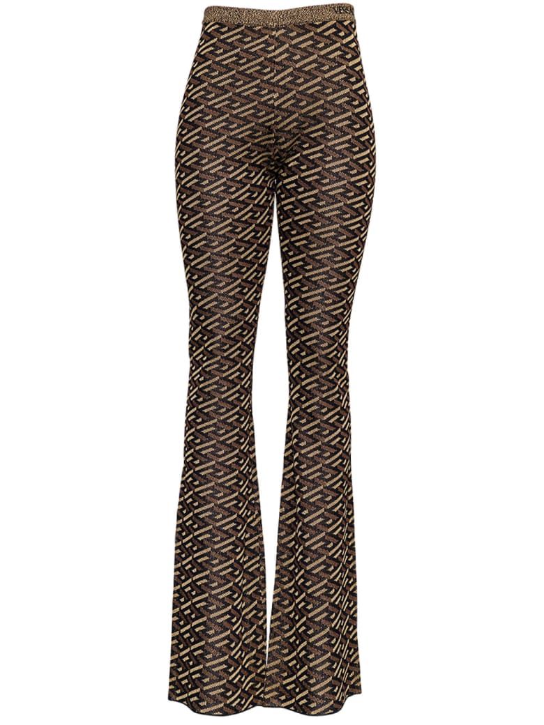 Versace Viscose Blend Flared Pants With Monogram Print - Metallic