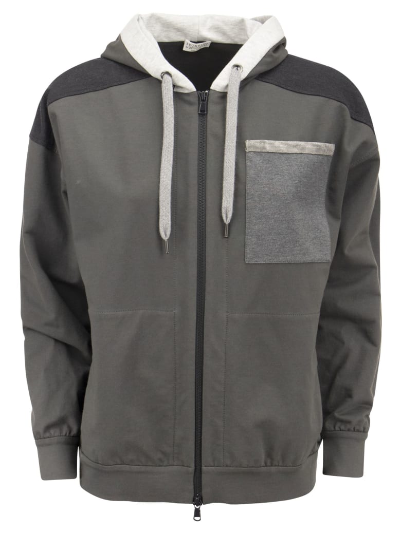 Brunello Cucinelli Paneled Topwear In Light Stretch Cotton Fleece With Hood And 'shiny Patch Pocket'. - Grey