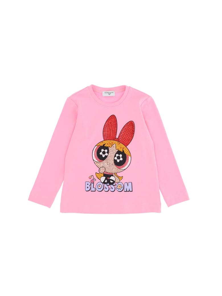 Monnalisa Long-sleeved Pink Cotton T-shrirt With Powerpuff Girls Print - Pink