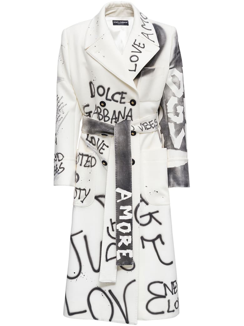 Dolce & Gabbana Graffiti Wool Blend Long Coat With Belt - White/black