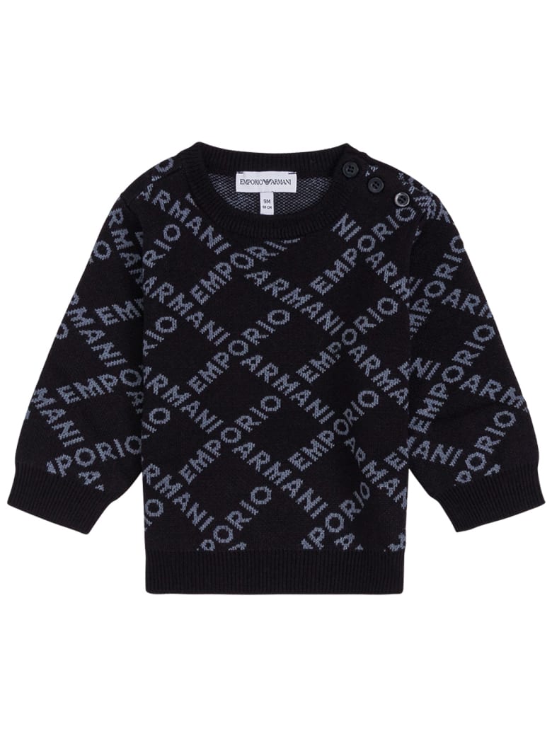 Emporio Armani Wool Blend Sweater With Allover Logo - Black