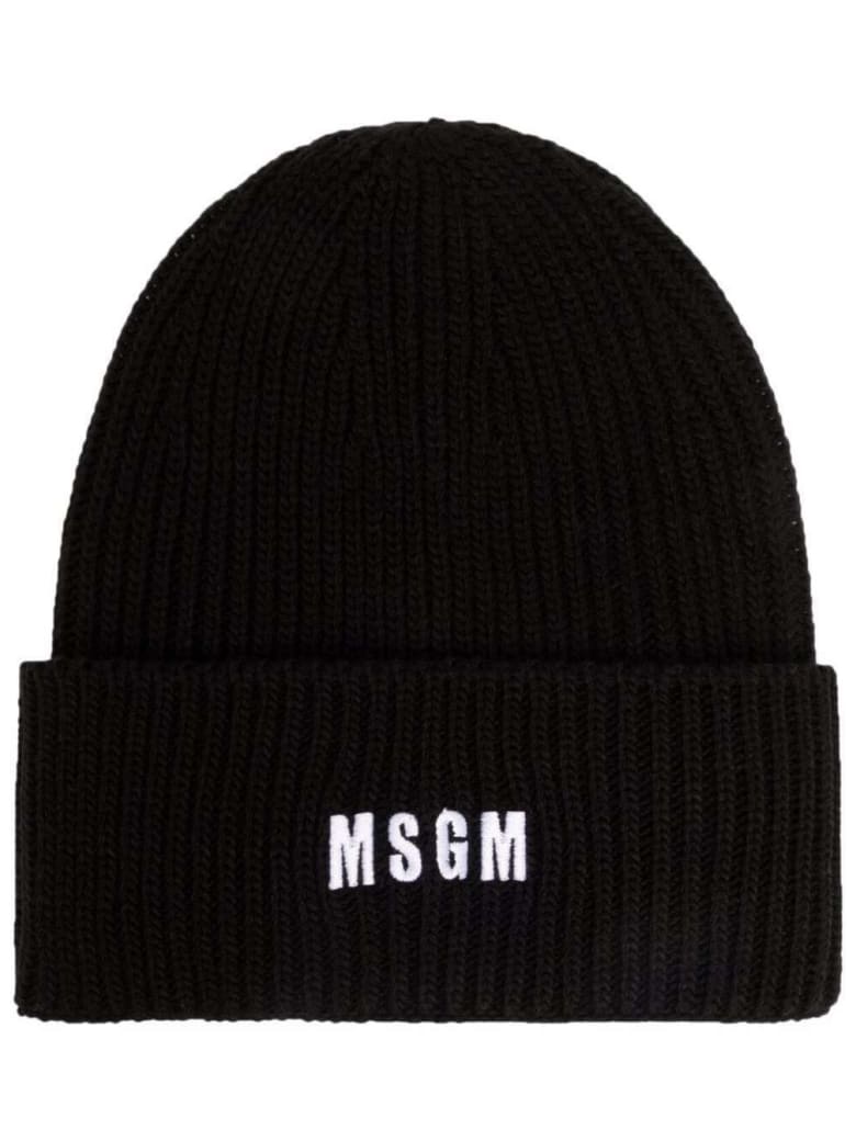 MSGM Black Chunky Knit Hat With Logo - Nero