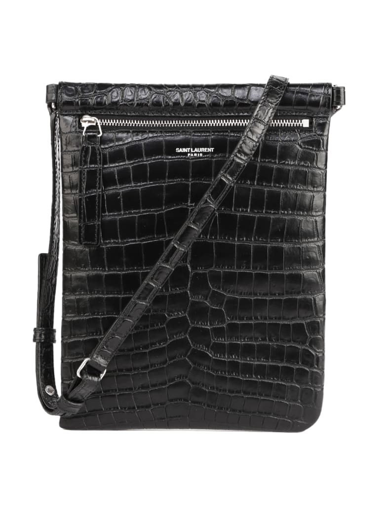 Saint Laurent Black Messenger Bag In Crocodile Printed Leather - Nero